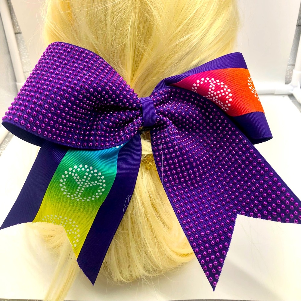 Purple Studded Multi- Colored Peace Cheerleading Bow 3” Ribbon